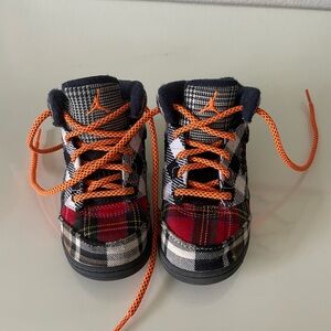 Nike Air Jordans Retro Kids Plaid Sneakers with Orange Accents